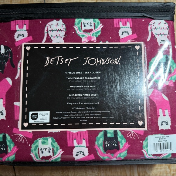 Betsey Johnson Holiday Cats Queen 4 Piece Sheet Set Christmas Bedding NWT - Picture 8 of 9